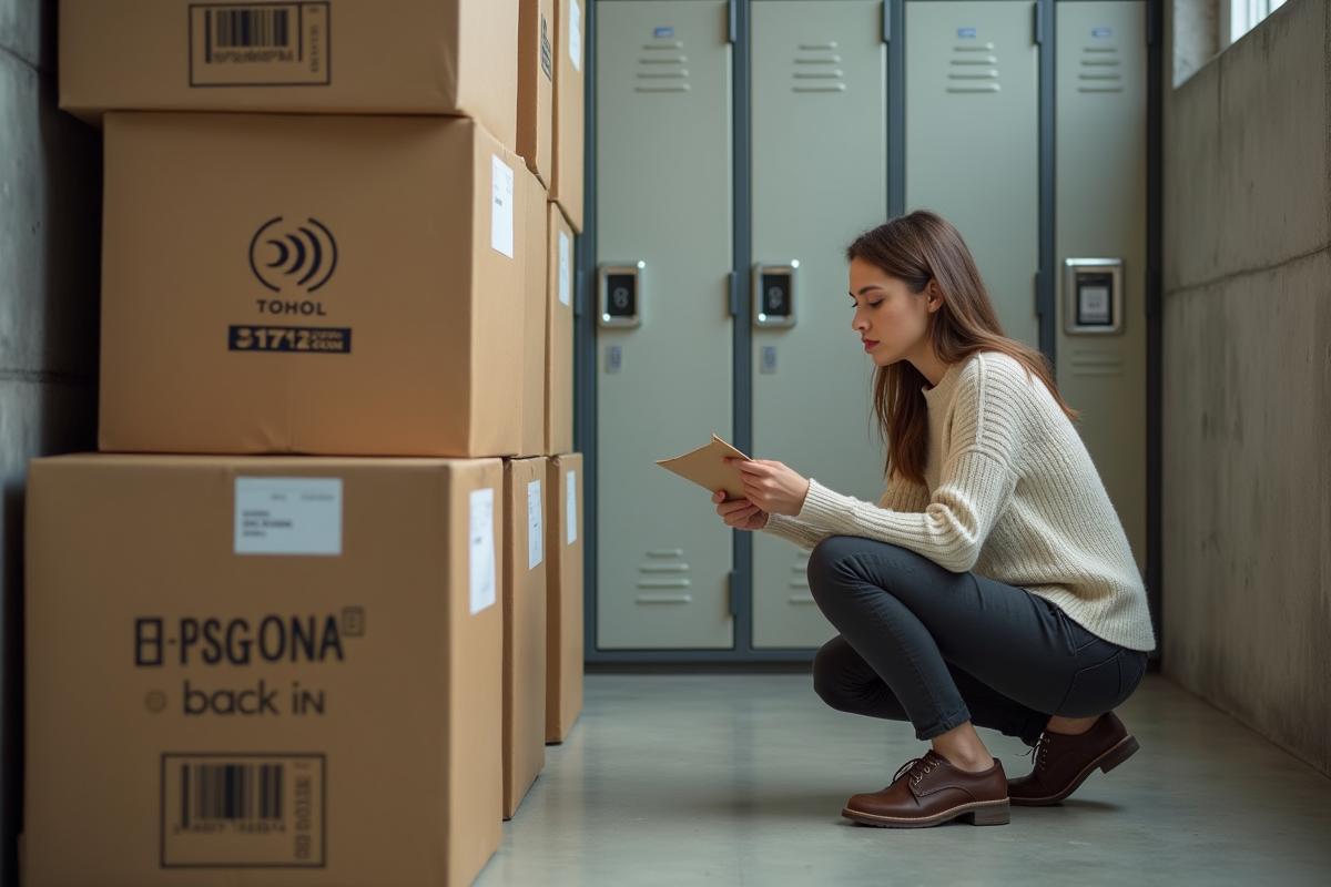 Jeune femme vérifiant des cartons dans un espace de stockage