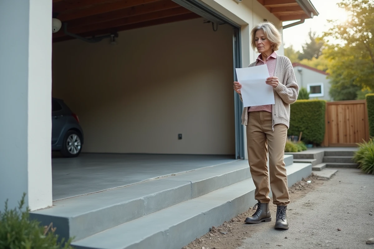 Femme regardant une installation en béton devant sa garage