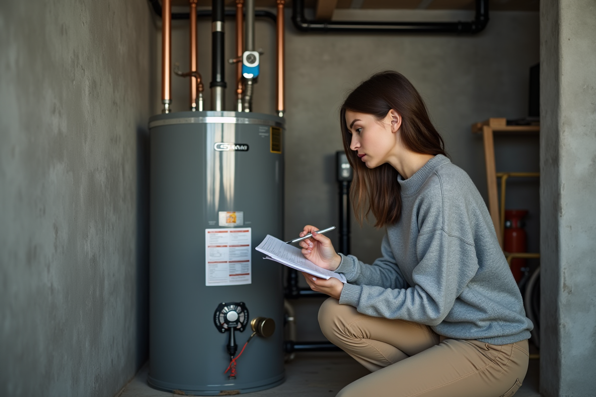 Femme contrôlant un chauffe-eau dans un sous-sol moderne