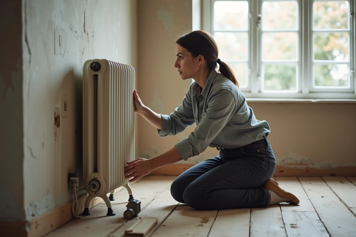 Femme inspectant le pied d'un radiateur en fonte dans un salon en cours de rénovation