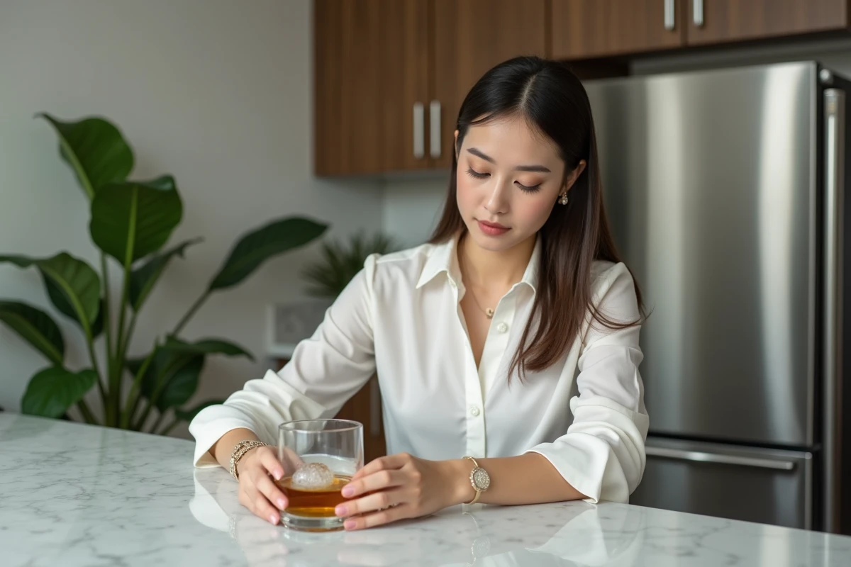 Jeune femme observant un glaçon dans un verre de whisky