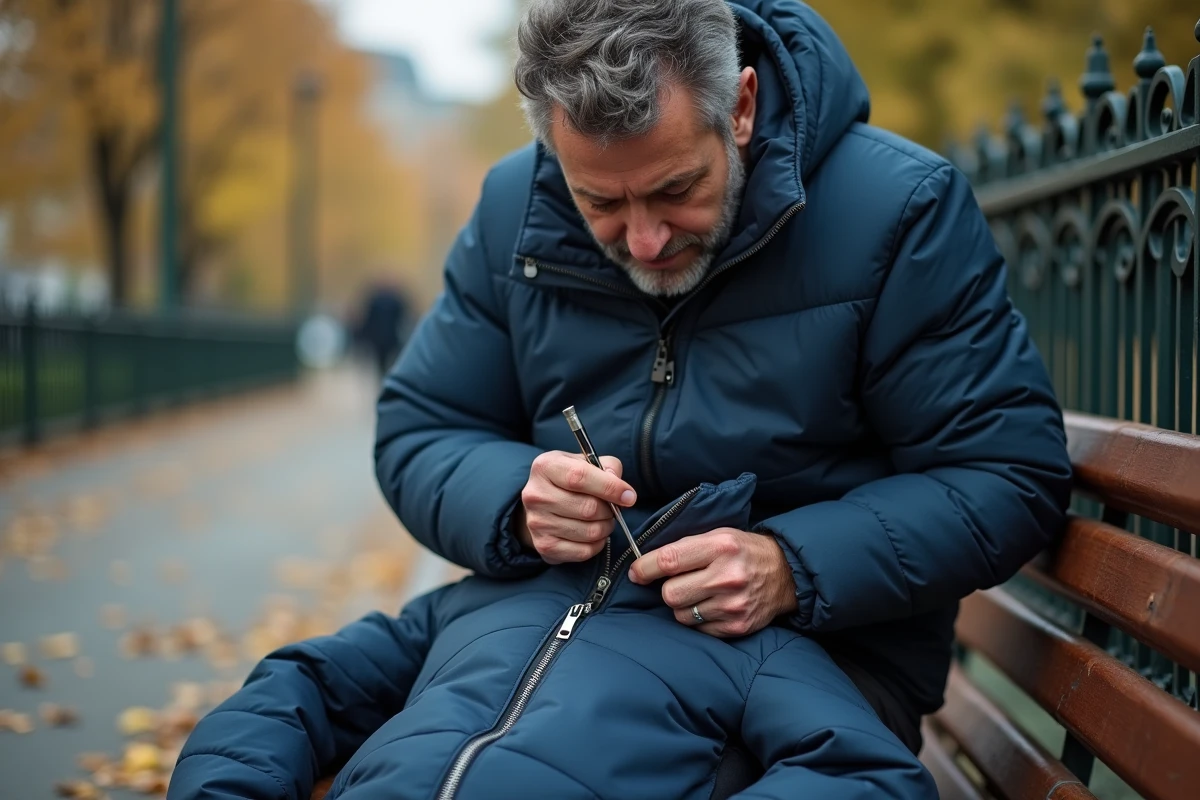 Homme réparant la fermeture éclair d'une veste d'hiver en extérieur avec un tournevis et de la cire de bougie