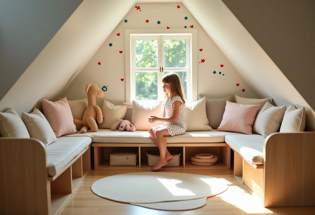 Fille de 8 ans assise sur un banc dans une chambre organisée et colorée