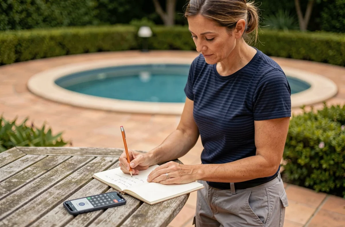 Femme calculant la surface d'une piscine ronde sur un carnet avec une calculatrice pour estimer les m²