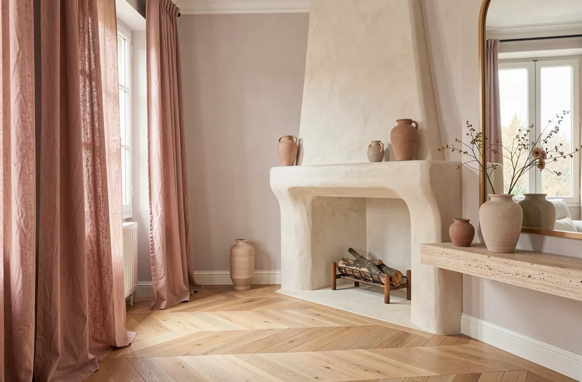 Intérieur résidentiel élégant en Côte-d'Or signé Gaëlle Guillerme-Walser, avec rideaux en lin rose poudré, cheminée en plâtre sculpté et étagère en travertin