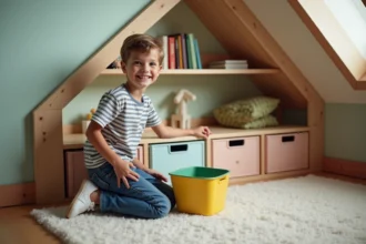 Garçon souriant de 6 ans près d’un rangement enfant dans une chambre lumineuse