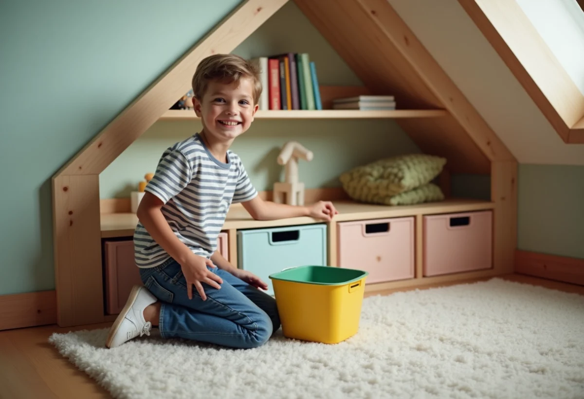 Garçon souriant de 6 ans près d’un rangement enfant dans une chambre lumineuse