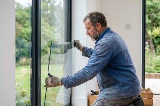 Homme glazier posant une vitre dans une grande fenêtre intérieure