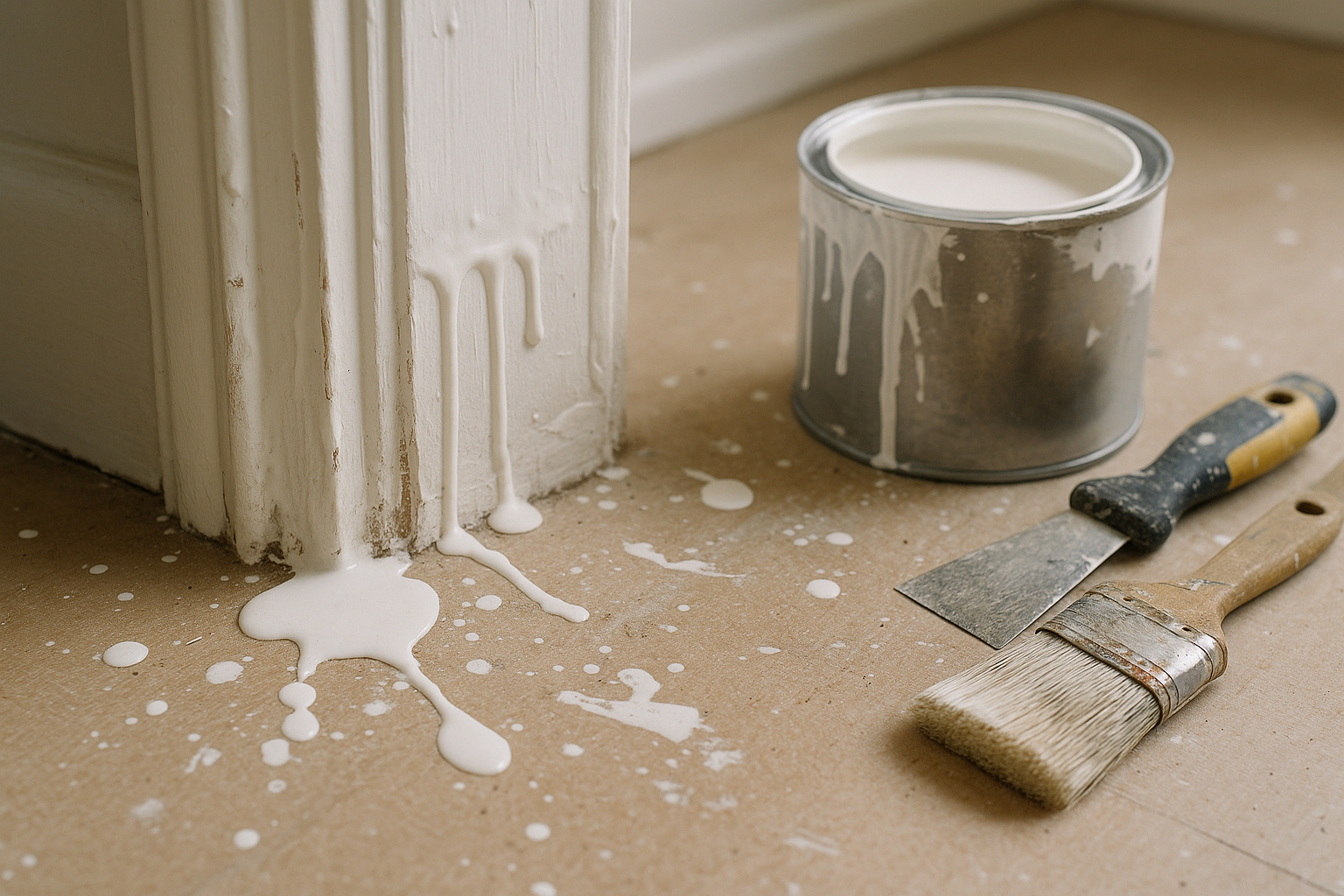 Gouttes et taches de peinture sur une porte blanche avec outils à proximité