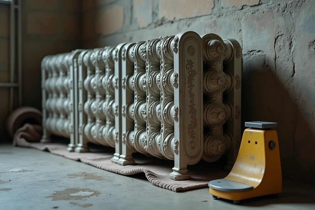 Gros plan sur des colonnes de radiateur en fonte anciens empilés avec une balance mécanique pour mesurer leur poids