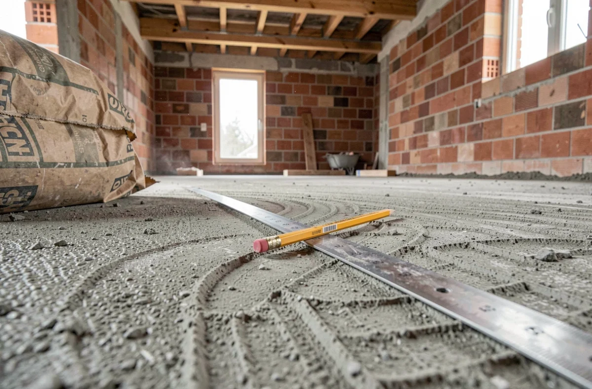 Gros plan sur une dalle béton intérieure avec règle métallique et sac de ciment pour illustrer l'estimation du coût au m2