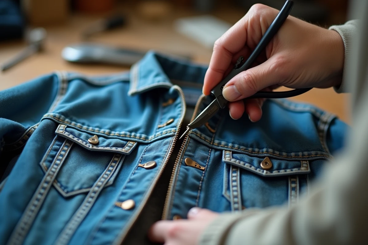 Gros plan sur une fermeture éclair de veste en jean bloquée en bas en cours de réparation avec une pince fine
