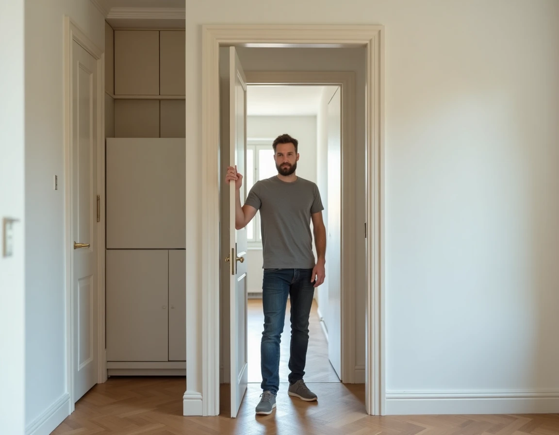 Homme découvrant son appartement entièrement rénové grâce à un service clé en main Monhabitoo.fr