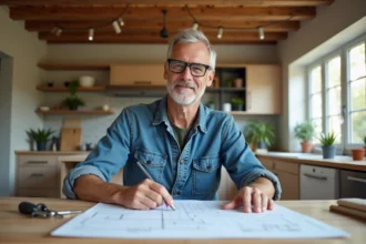 Homme en vêtements de travail examine des plans dans une cuisine rénovée
