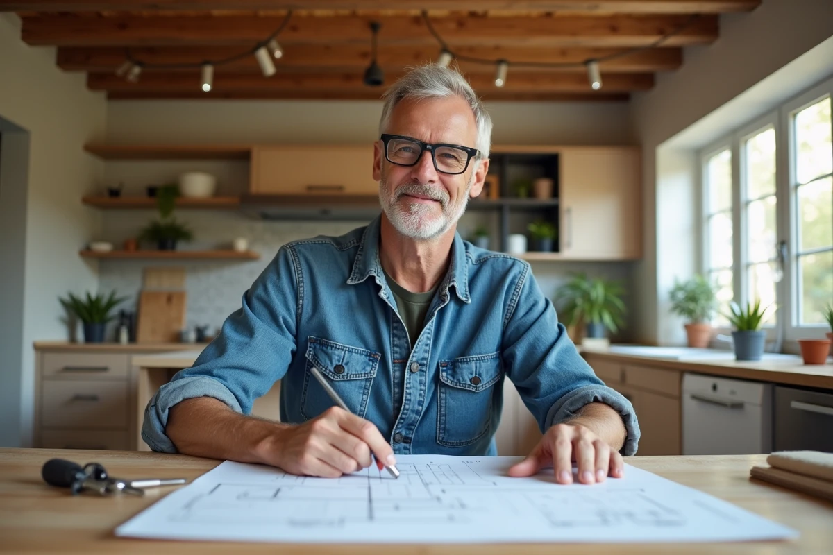Homme en vêtements de travail examine des plans dans une cuisine rénovée