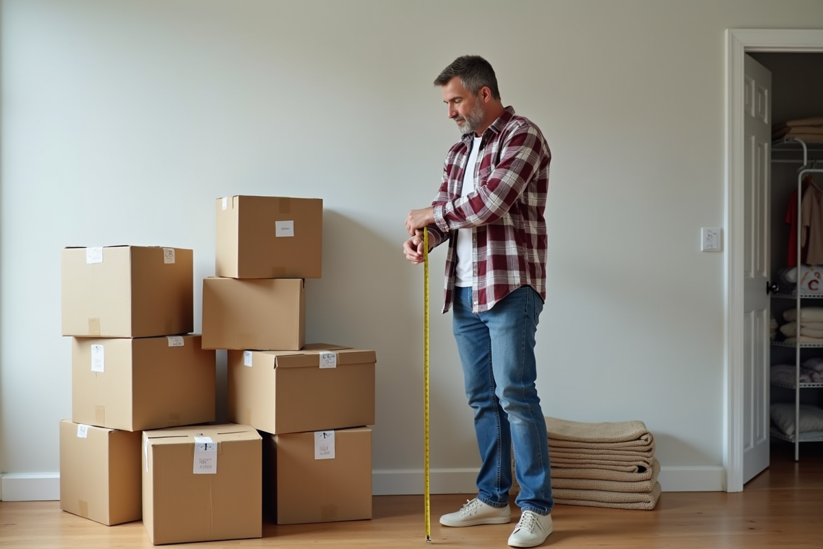 Homme d'âge moyen avec boîtes de déménagement dans un appartement