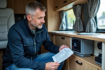 Homme examinant un panneau de contrôle numérique dans un van aménagé