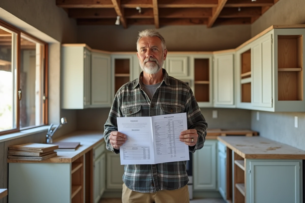Homme en tenue de travail dans une cuisine en rénovation