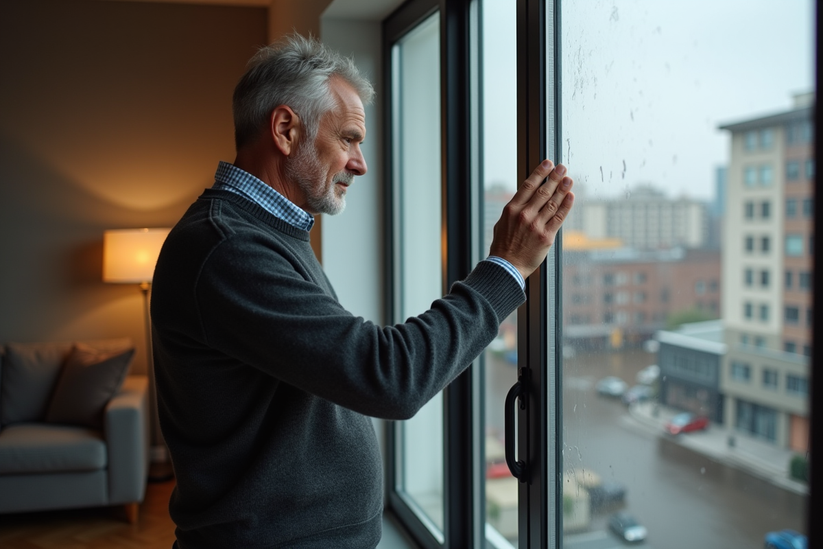 Homme d'âge moyen regardant la condensation sur la fenêtre