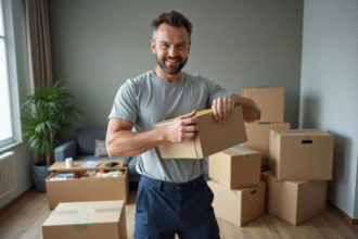 Homme en pantalon de travail et t-shirt gris scelle une box