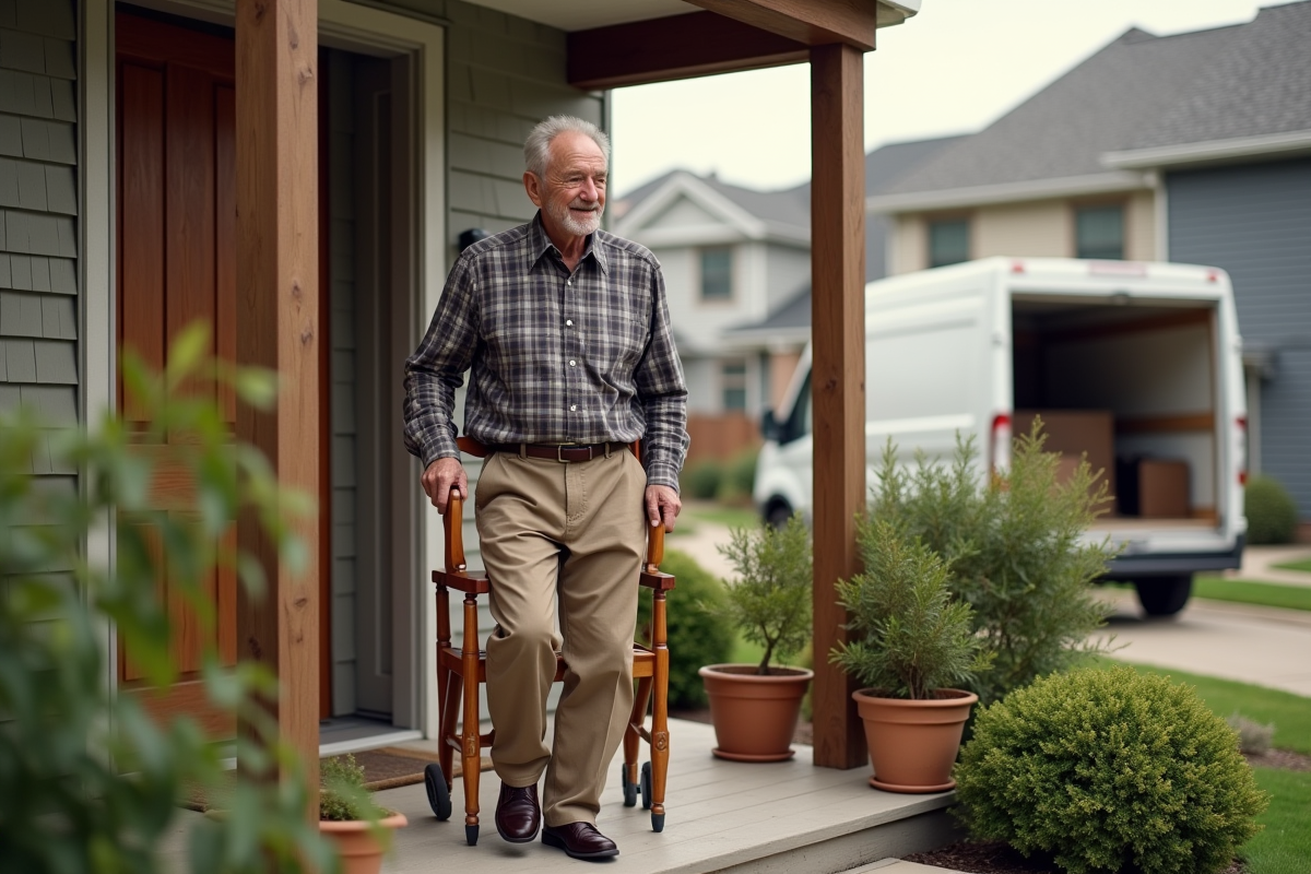 Homme âgé sortant une chaise de la maison avec un sourire