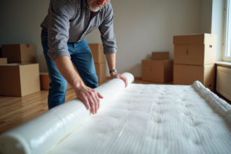 Homme en jeans emballant un matelas dans un salon moderne