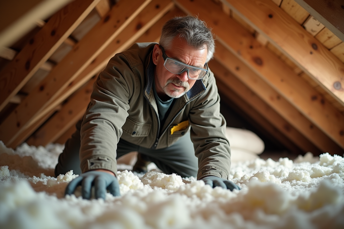 Homme en vêtements de travail appliqué dans l'isolation des combles