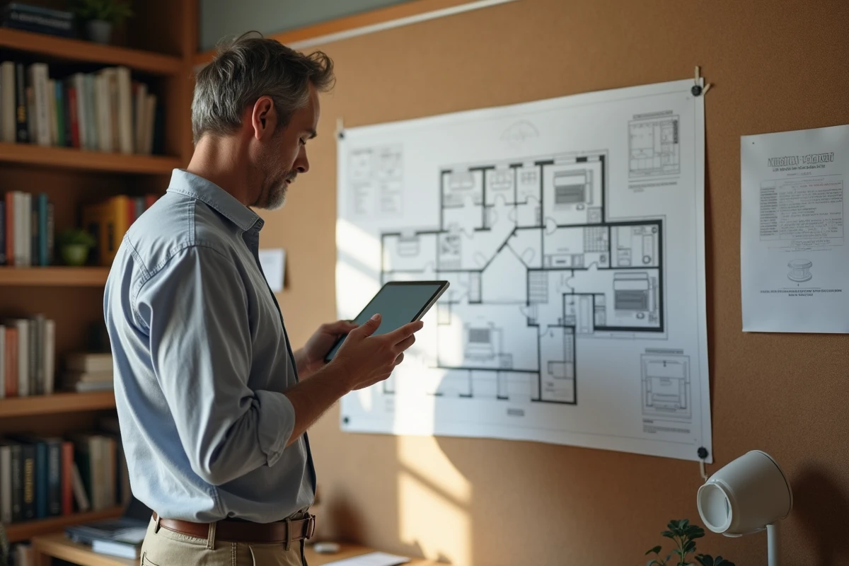 Homme vérifiant un plan de maison avec tablette