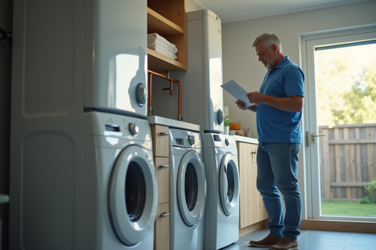 Homme lisant un manuel près de chauffe-eau modernes