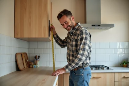 Homme souriant mesurant un mur de cuisine avec un ruban
