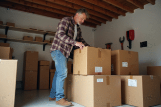 Homme organisant des cartons dans un garage propre