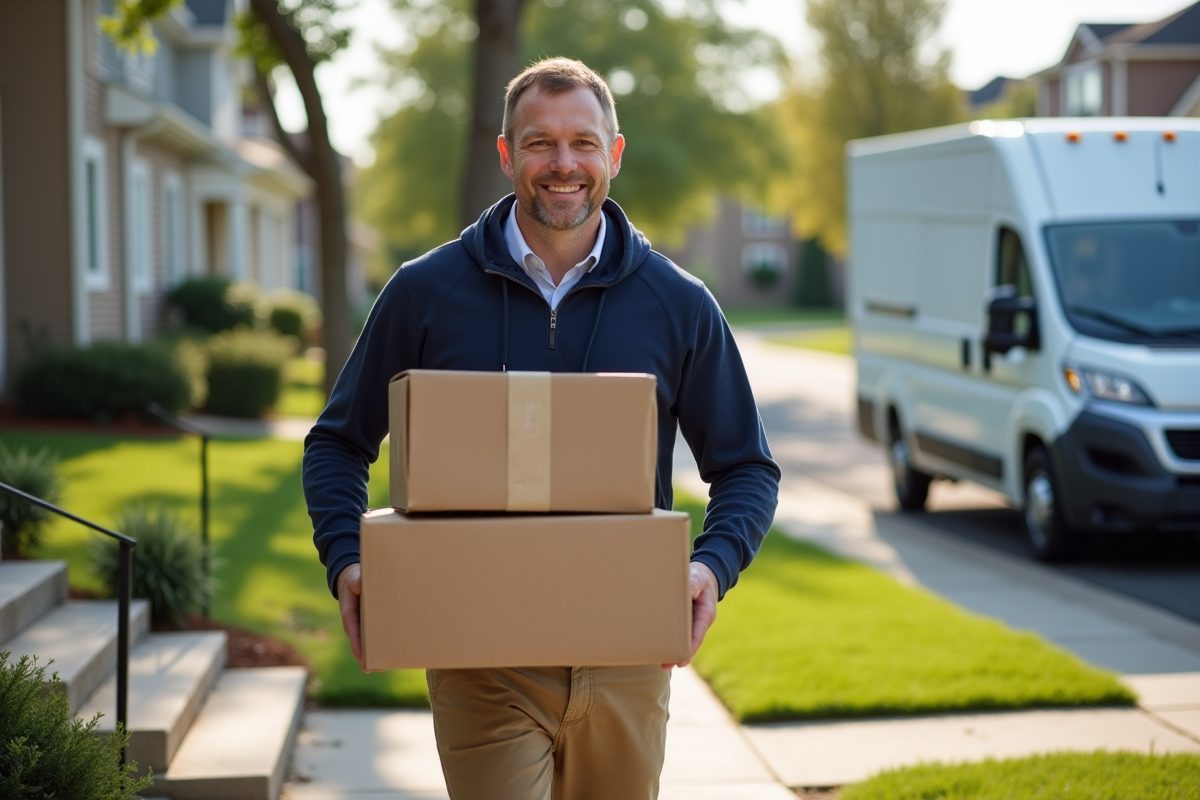 Homme d age moyen portant des boxes de demenagement devant une maison