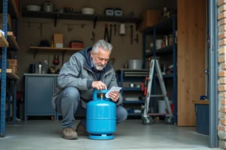 Homme lisant l'étiquette de prix d'une bouteille de gaz butane dans un garage domestique