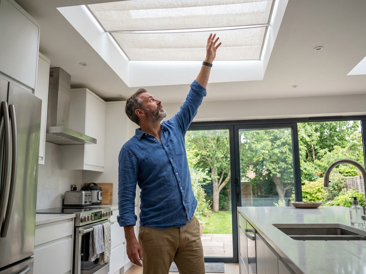 Homme ajustant des volets dans une cuisine lumineuse