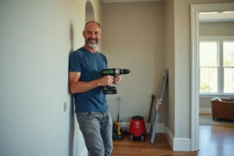 Homme d'âge moyen utilisant une perceuse dans une pièce rénovée