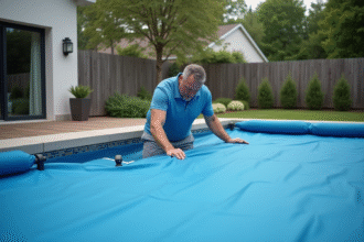 Homme d'âge moyen sécurisant la bâche de la piscine dans le jardin