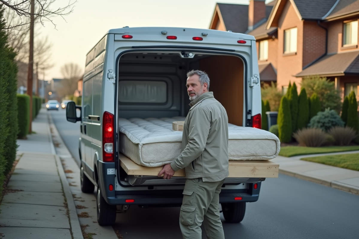 Homme attachant un matelas sur un toit de voiture de déménagement