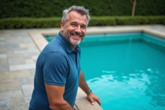 Homme souriant au bord de la piscine extérieure turquoise