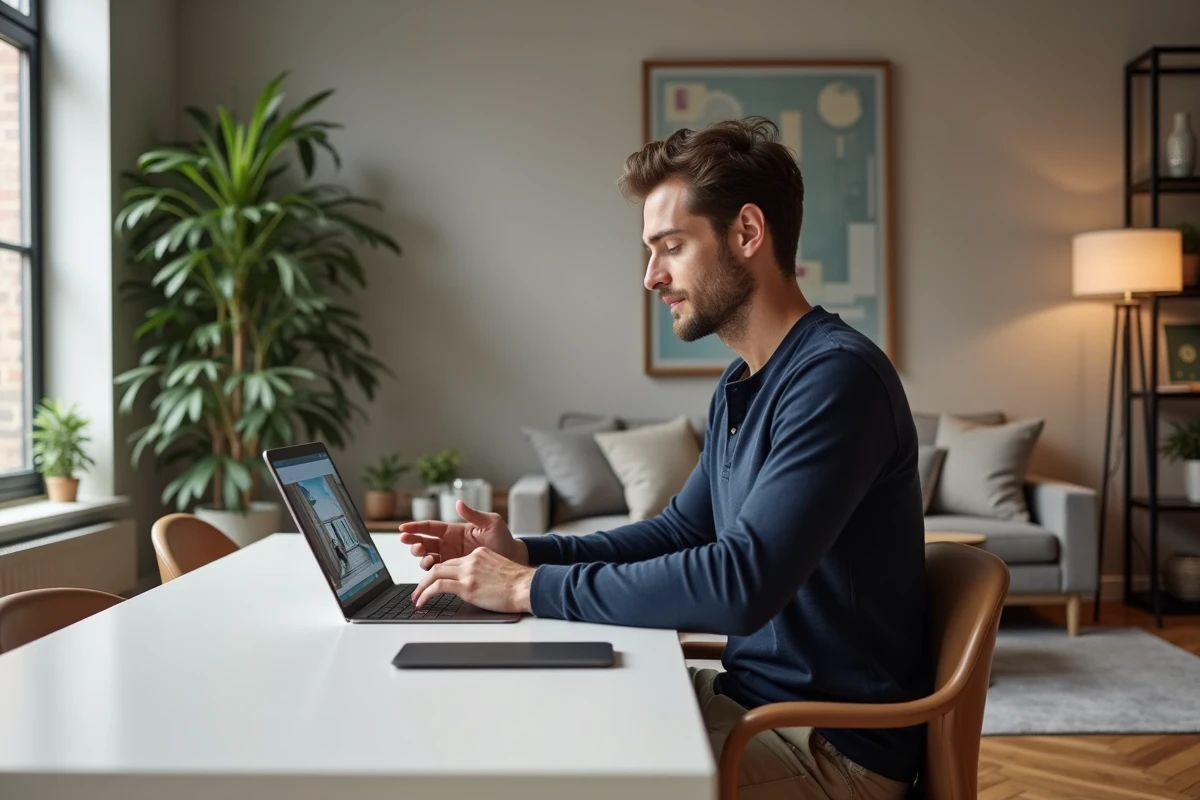 Homme comparant une visualisation 3D de décoration intérieure sur tablette avec une pièce réellement aménagée