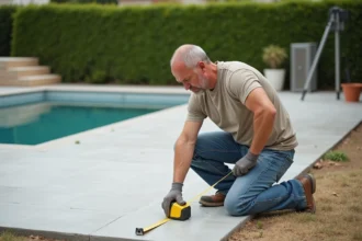 Homme inspectant une terrasse en béton fraîche dans un jardin