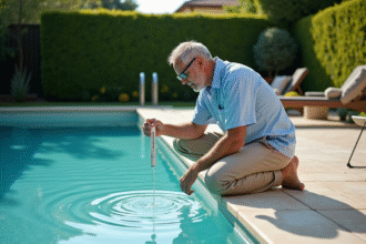 Homme testant l'eau de la piscine avec un kit de test