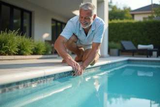 Homme d'âge moyen vérifiant la couverture de piscine moderne