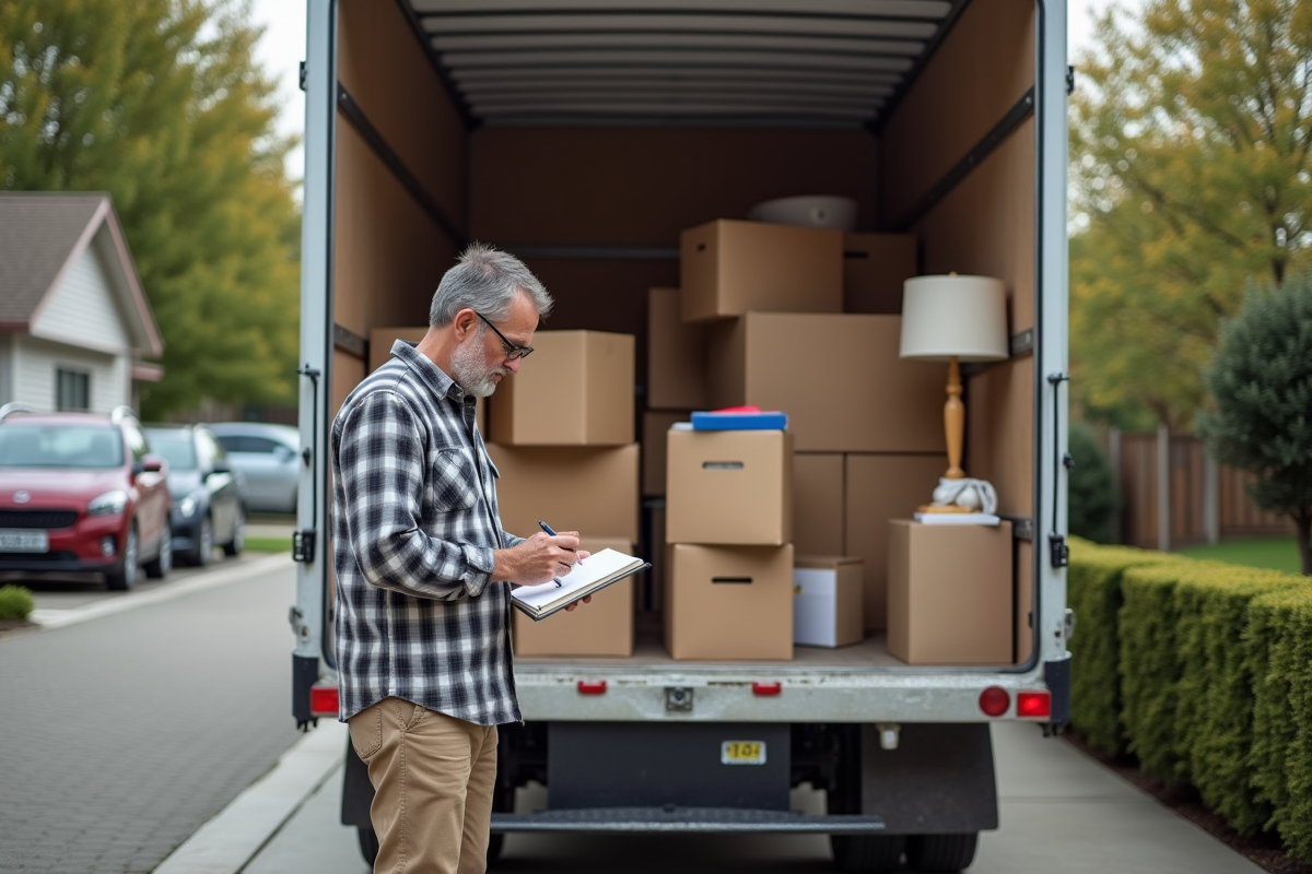 Homme comptant des cartons dans un camion de déménagement