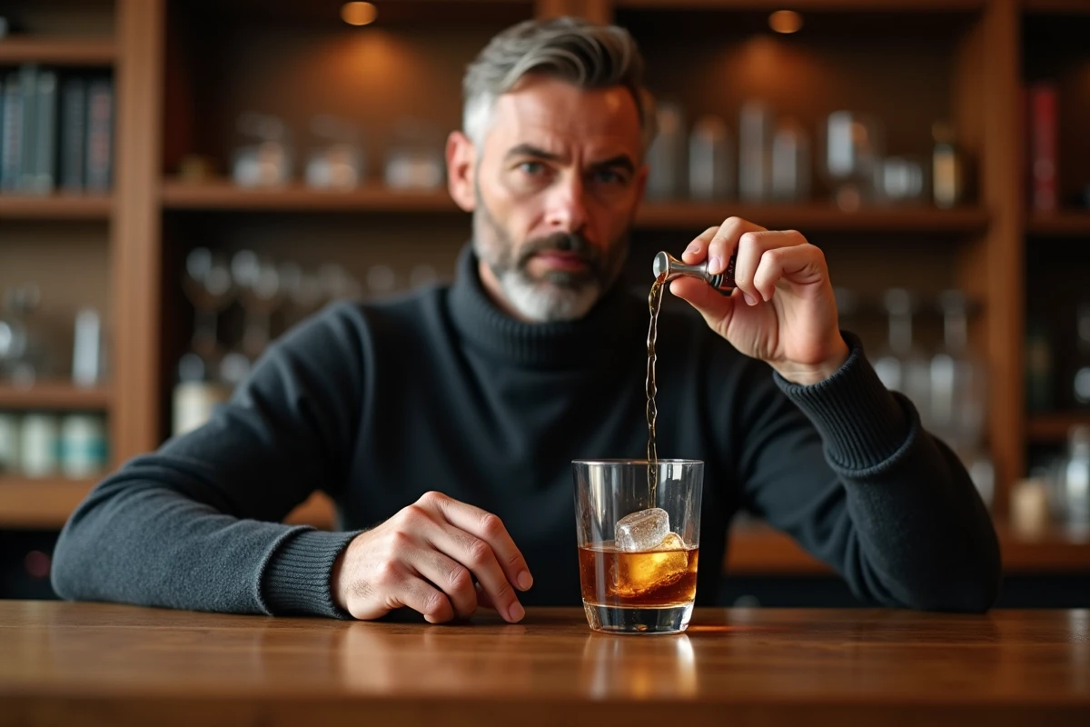 Homme d'âge moyen dégustant un whisky dans un bar chaleureux