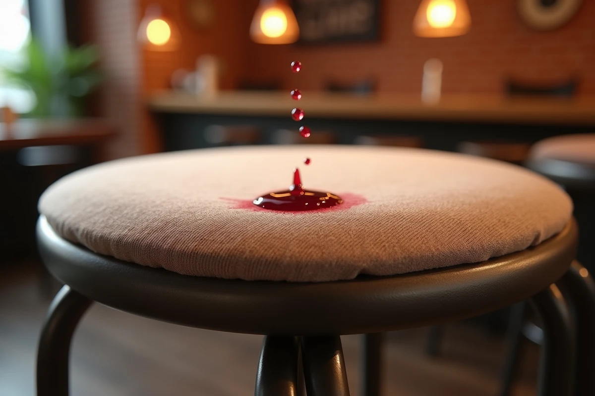 Gros plan sur une housse de tabouret bar anti-taches avec des gouttes de vin rouge perçant sur le tissu imperméable