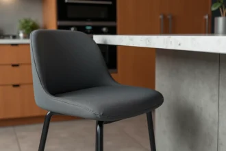 Housse de tabouret de bar anti-taches premium en tissu anthracite sur îlot de cuisine moderne en béton