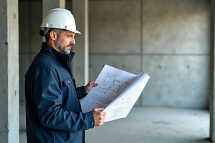 Ingénieur en structure consultant des plans de calcul IPN sur un chantier de mur porteur en béton brut