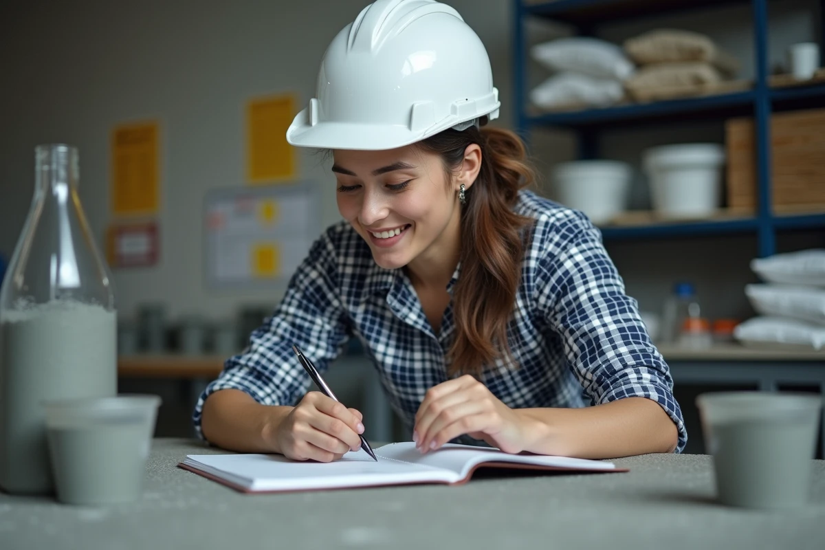 Jeune ingénieure contrôle un échantillon de béton en laboratoire