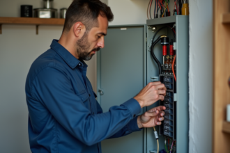 Homme inspectant la boite fusible dans un appartement moderne