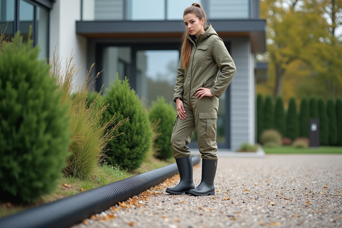 Jeune femme inspecte un conduit électrique dans un jardin moderne